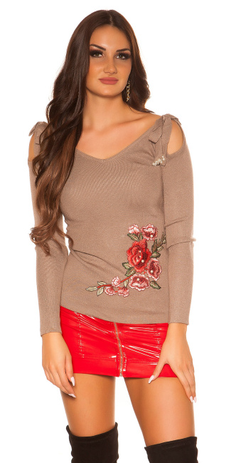 Trendy blote schouder sweater-trui met borduurwerk cappuccino